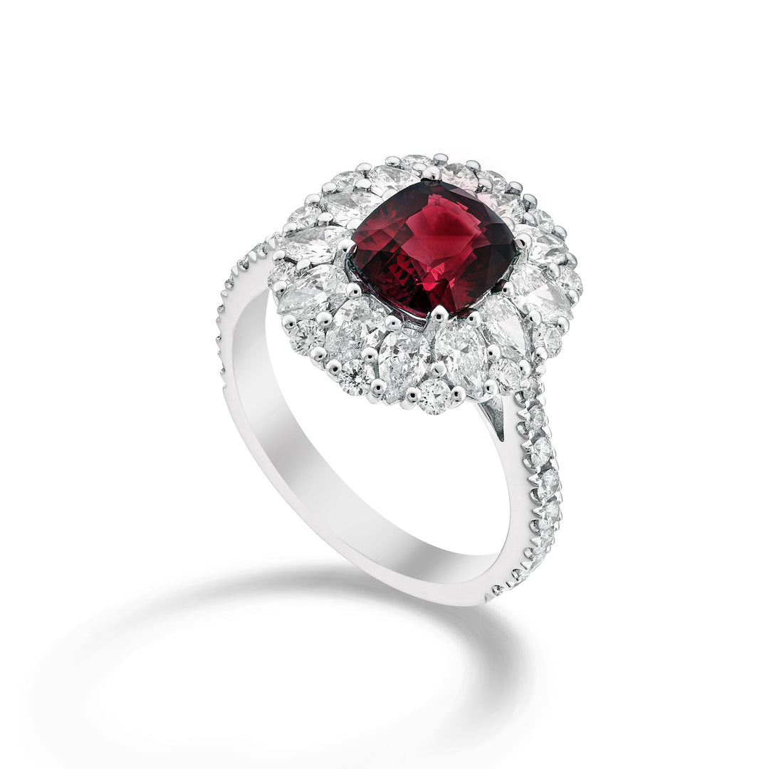 Golay anello rubino cushion 8x7 e diamanti gocce e round APU510DRU-24338110034