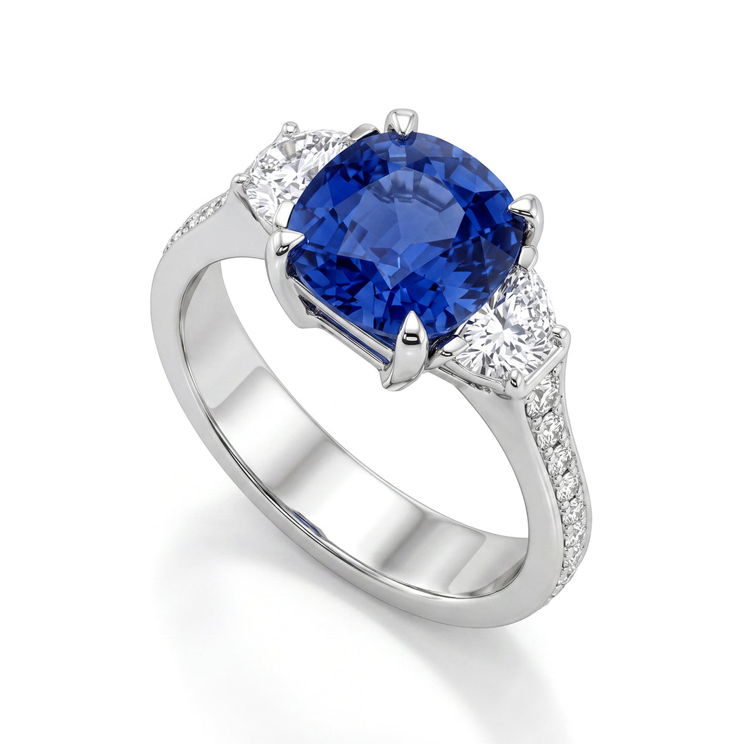 Golay cushion sapphire ring 8x8 and crescent diamonds APU519DZB-24358110015