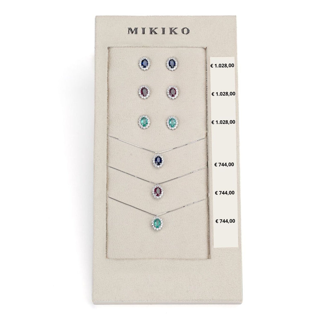 Mikiko-Paket Kl. 5086 + oder 5068 18kt ovaler 6x4 Saphir, Rubin und Smaragd tr. M.LIGHTBOX.16-T