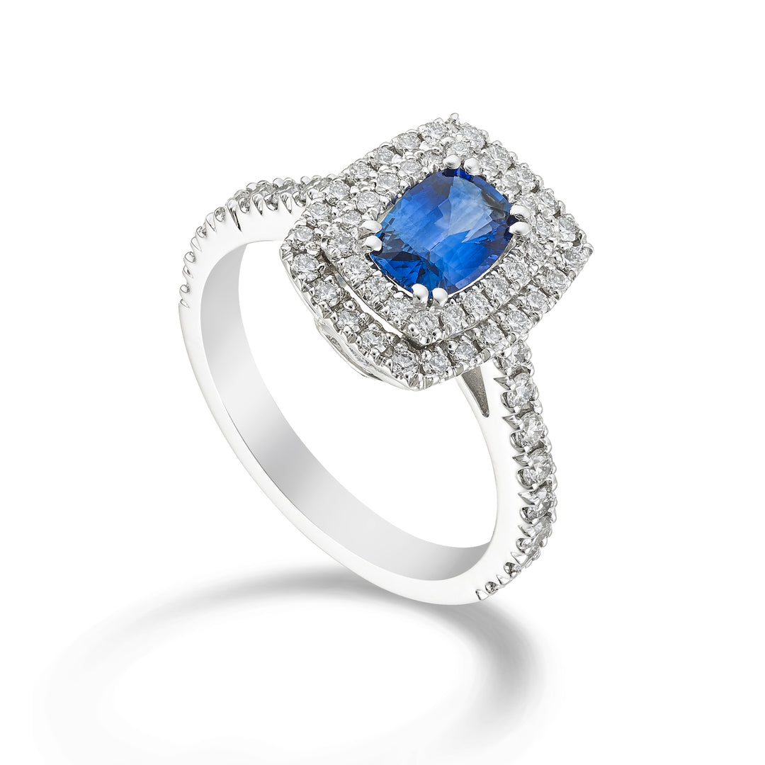 Golay-Ring mit blauer Kissensaphirgröße. 7x5 mit Diamant ACLC098DIZB57-23314110070