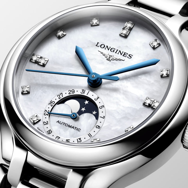 Montre Longines Primaluna Moonphase 34mm nacre diamants automatique acier L8.126.4.87.6