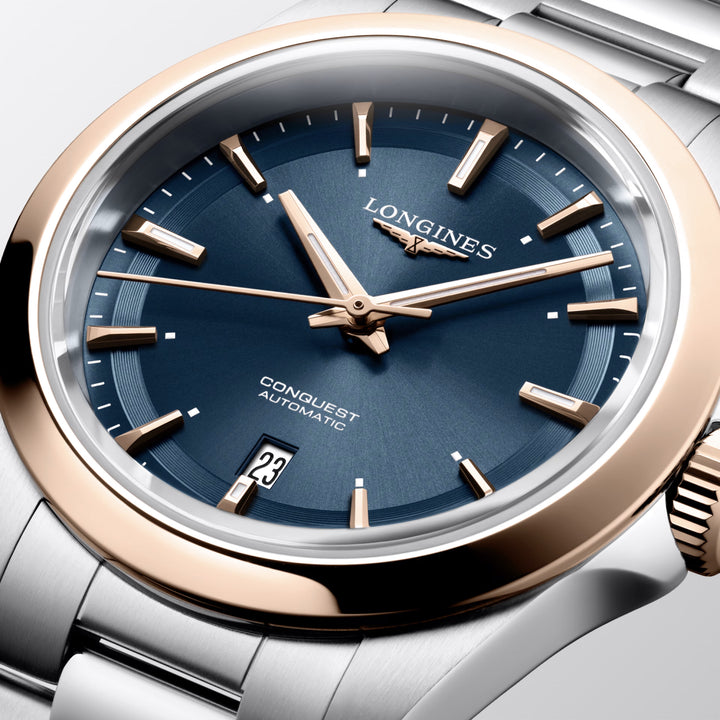 Longines-Uhr Conquest 30 mm blauer Automatikstahl PVD-Finish Roségold L3.320.5.92.6