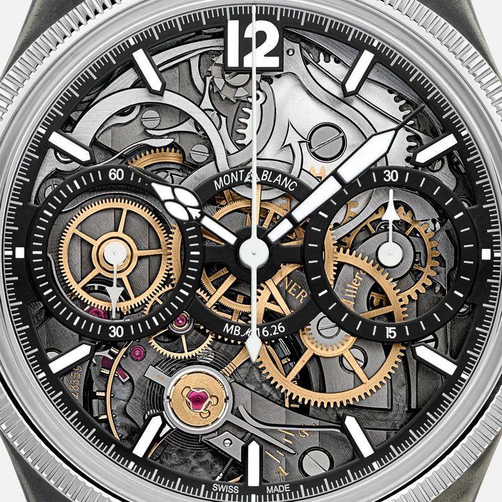 Montre Montblanc 1858 The Unveiled Secret Minerva Monopoussoir Chronographe Édition Limitée - 88 pièces 43 mm acier manuel squelette 131155