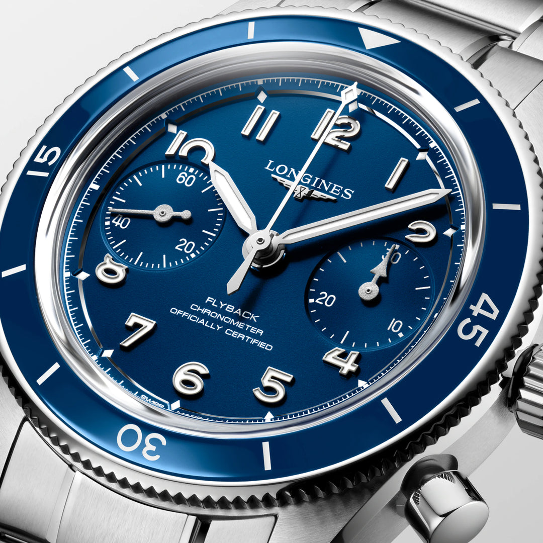 Longines watch Spirit Pilot Flyback 39.5mm blue manual winding steel L3.721.4.93.6