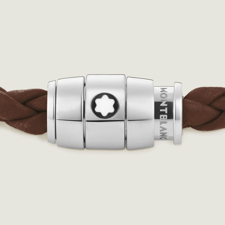 Bracelet Montblanc 3 anneaux en acier et cuir Meisterstück Brown Fawn taille M 13600163
