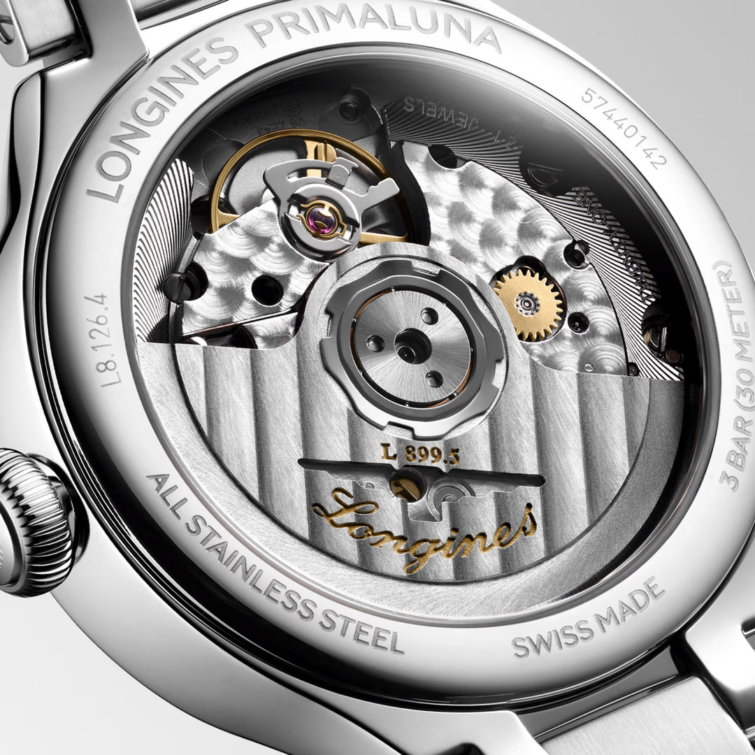 Montre Longines Primaluna Moonphase 34mm nacre diamants automatique acier L8.126.4.87.6