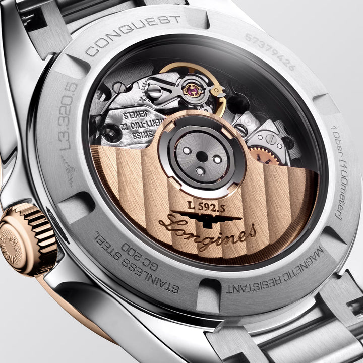 Longines-Uhr Conquest 30 mm blauer Automatikstahl PVD-Finish Roségold L3.320.5.92.6