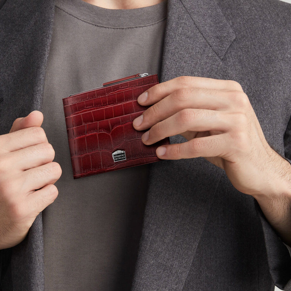 Giovanni Raspini portacarte con zip pelle croco borgogna argento 925 L0030
