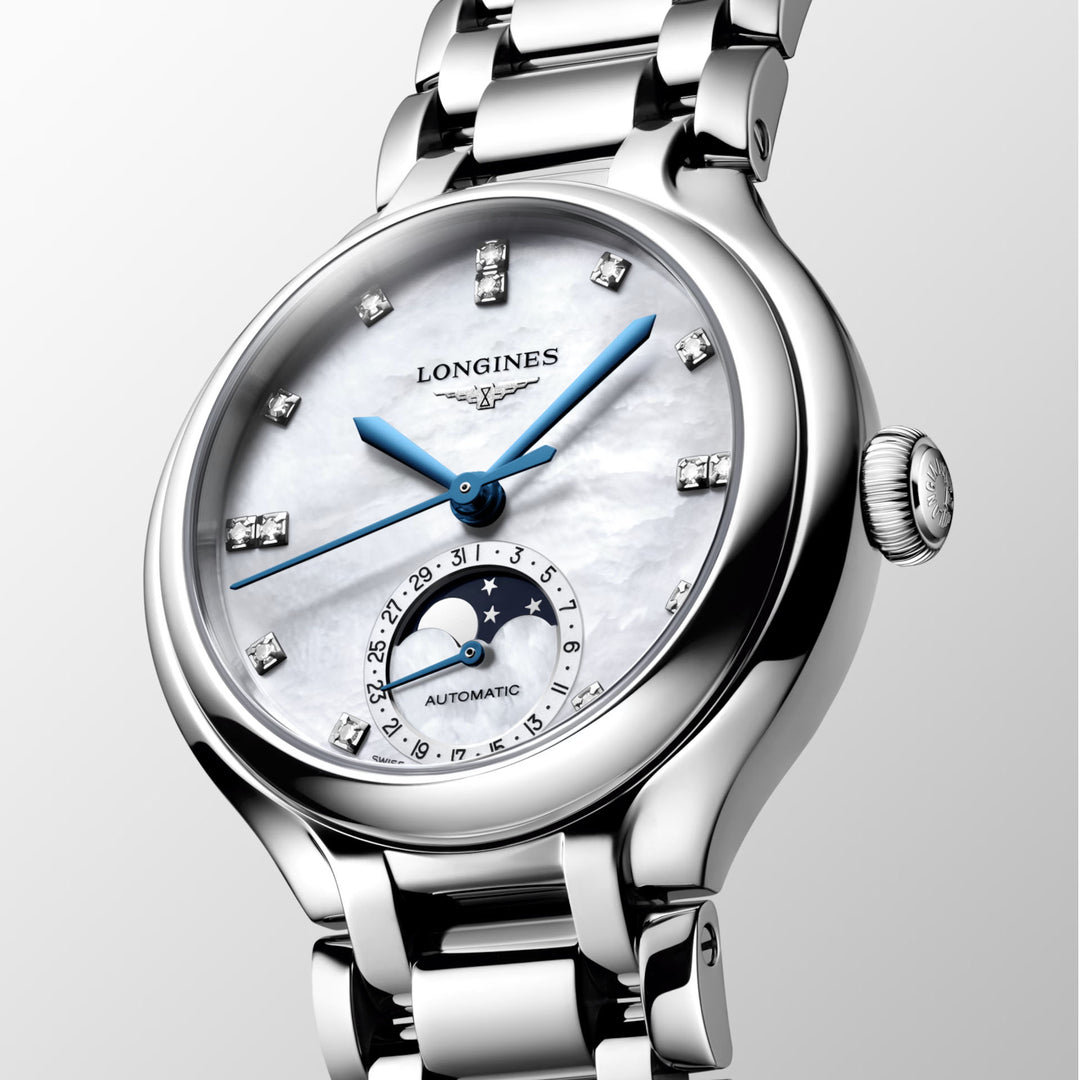 Montre Longines Primaluna Moonphase 34mm nacre diamants automatique acier L8.126.4.87.6