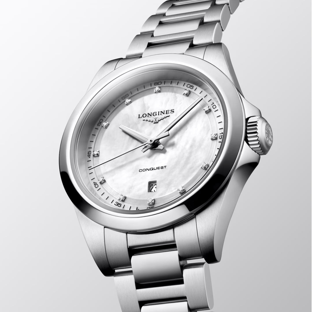 Longines Conquest Uhr 30 mm Perlmutt Diamanten Quarzstahl L3.350.4.87.6