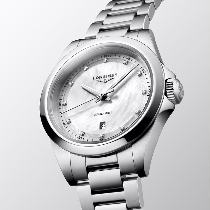 Longines Conquest Uhr 30 mm Perlmutt Diamanten Quarzstahl L3.350.4.87.6