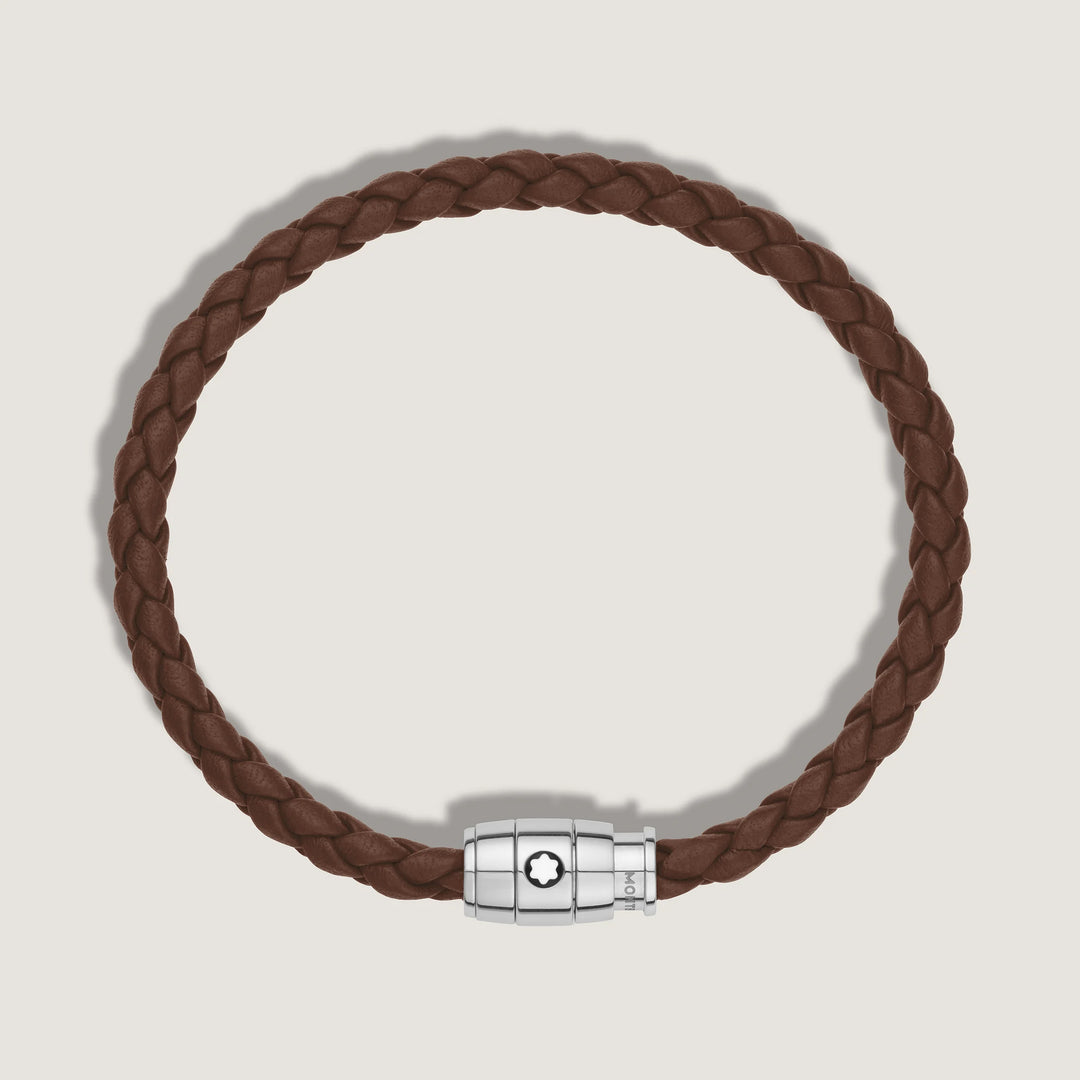 Bracelet Montblanc 3 anneaux en acier et cuir Meisterstück Brown Fawn taille L 13600268