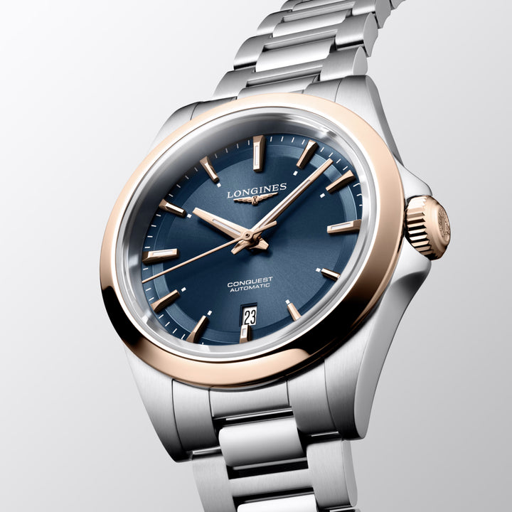 Longines-Uhr Conquest 30 mm blauer Automatikstahl PVD-Finish Roségold L3.320.5.92.6