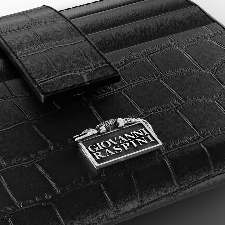 Portefeuille porte-cartes en cuir croco noir Giovanni Raspini argent 925 L0025