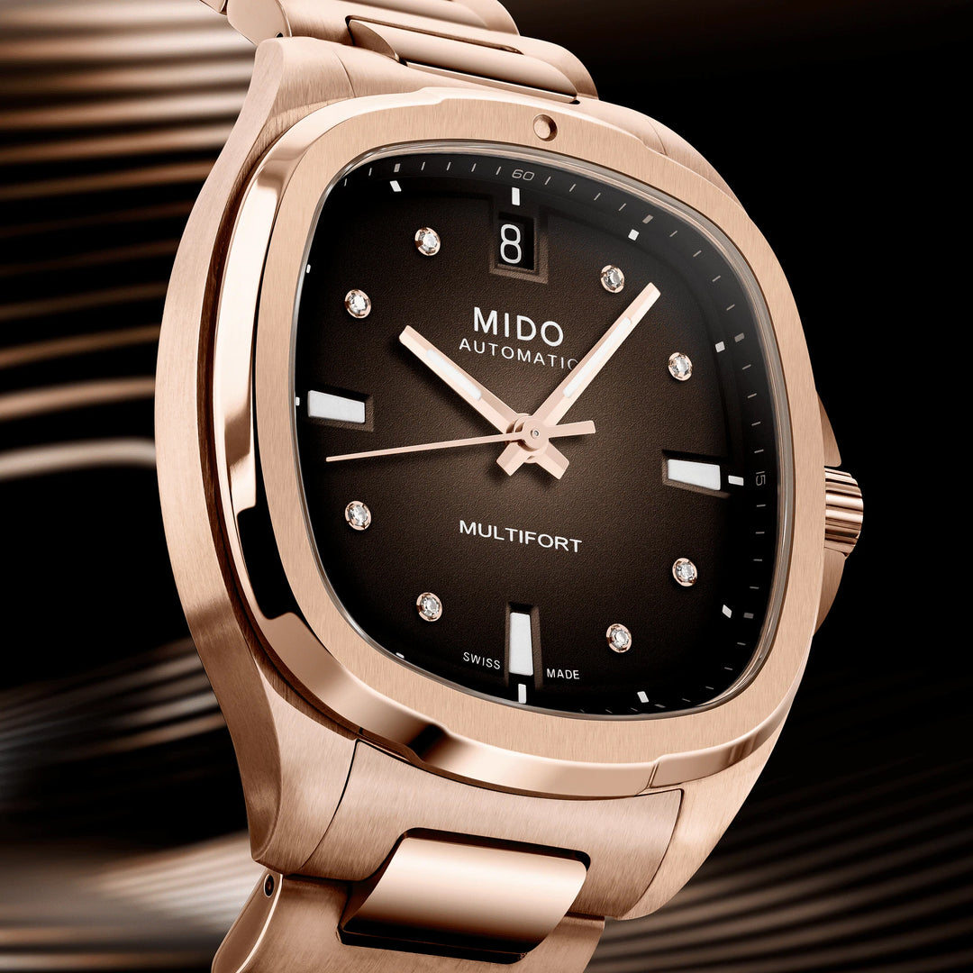 MIDO MULTIOFT TV 35 mm Brown TV diamants diamants en acier PVD Gold Rosa M049.307.33.296.00