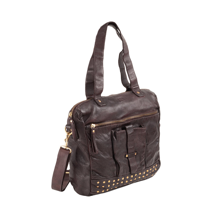 DUDU Women's Shoulder Bag Vintage Soft Leather Large Capacity with Zipper Studs
