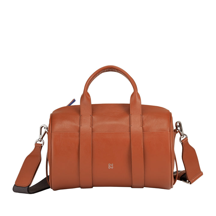 DUDU Women's Bag with real leather cylinder, cylindrical soft bag, barrel bag with shoulder strap and two handles, colorful elegant design