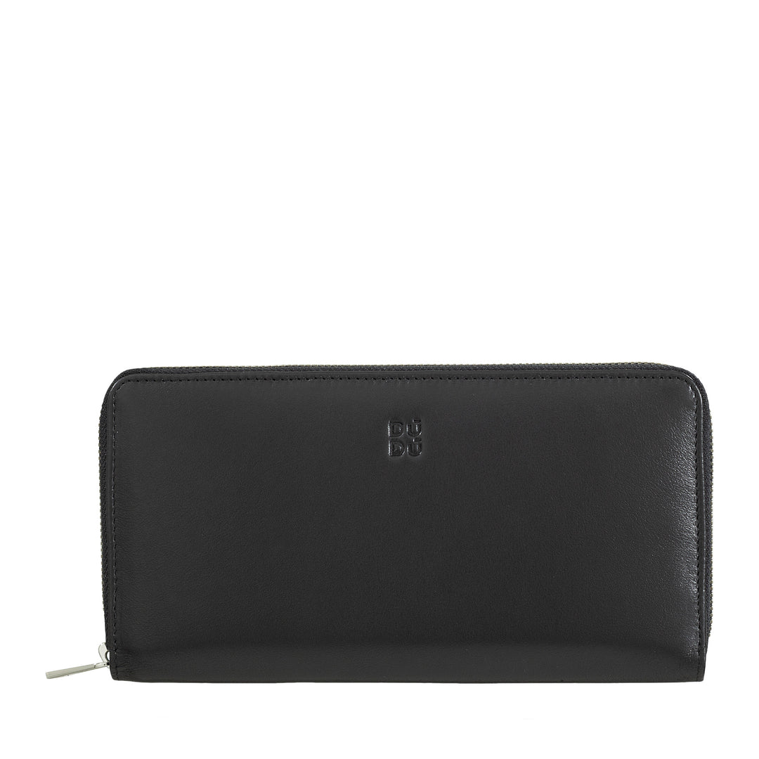 DuDu Große Frauenbrieftasche mit RFID -LED -Leder -Reißverschluss rund 14 Kreditkartenbudgets und Türen Türen