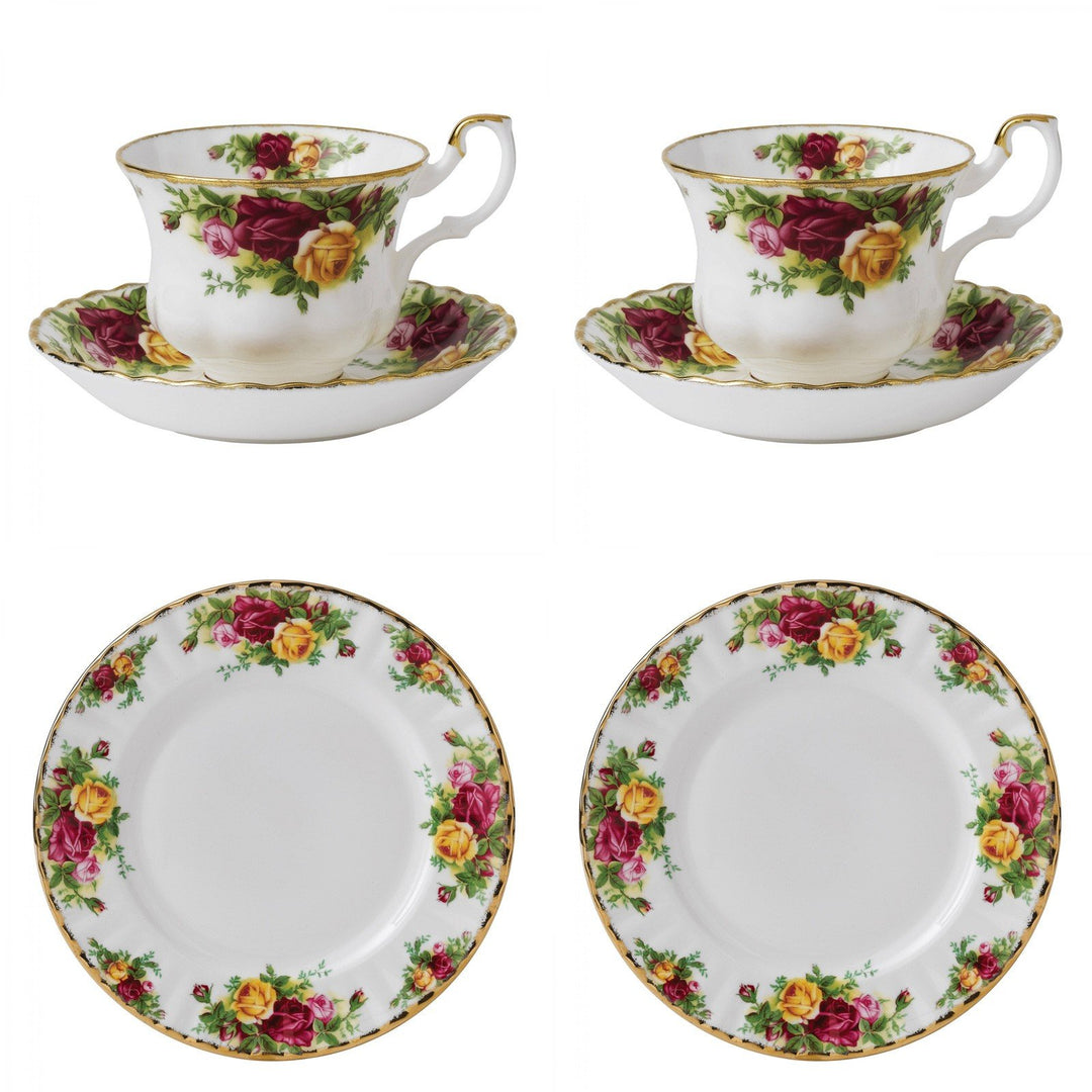 Royal Albert servizio 2 tazzine da caffe + 2 piatti dolce Old Country Roses porcellana Bone China finiture oro A/0870 - Gioielleria Capodagli