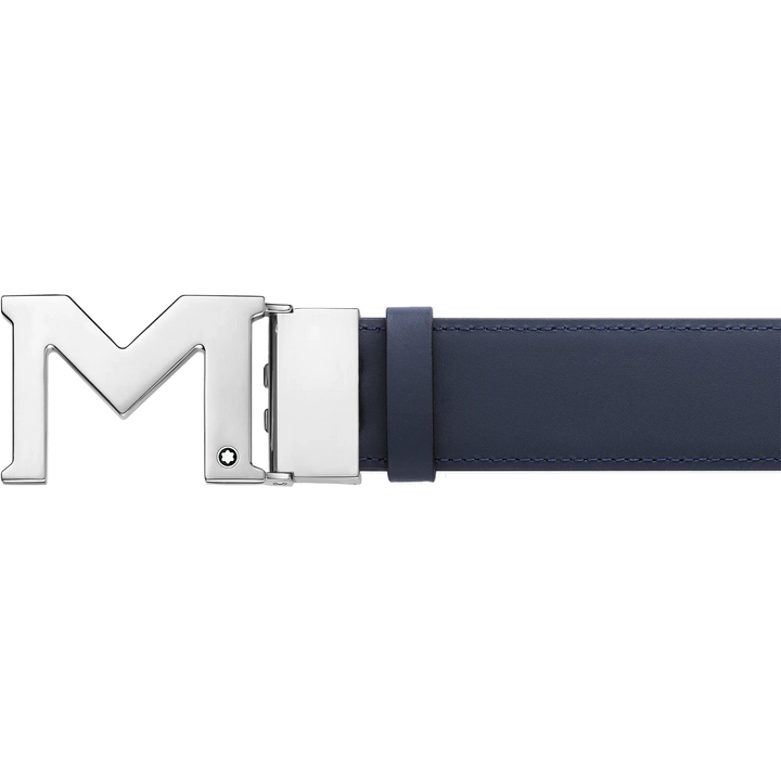 Montblanc belt 35mm with black/blue leather M buckle reversible size adjustable 128787