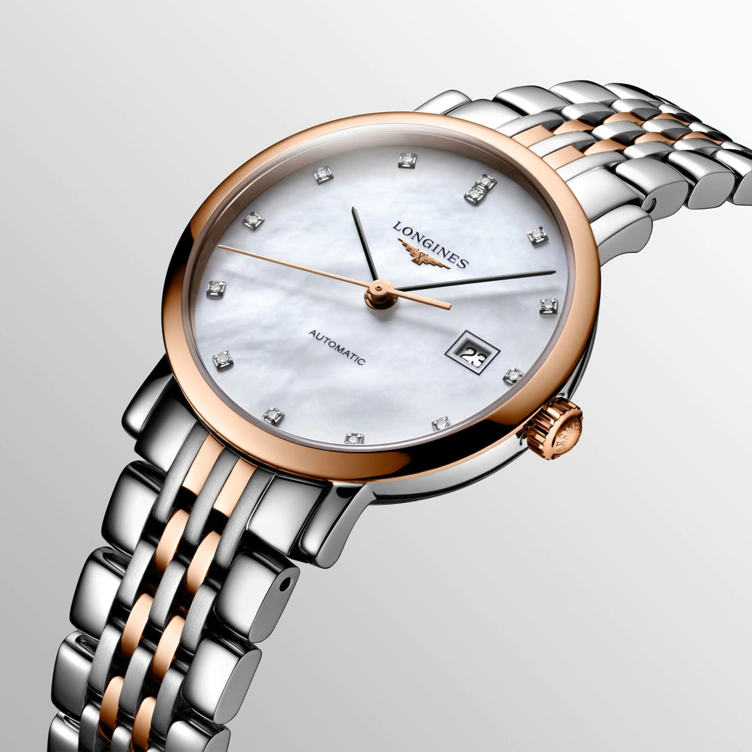 Longines orologio Elegant Collection 29mm madreperla brillanti automatico acciaio finiture oro rosa L4.310.5.87.7